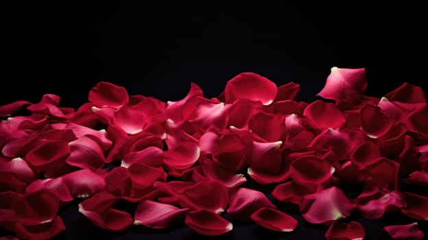Red rose petals on a black background. Love and passion concept AI