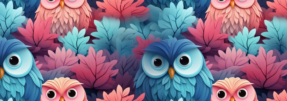 Cute owls seamless pattern. Funny forest background. Pastel bright colored illustration. Colorful