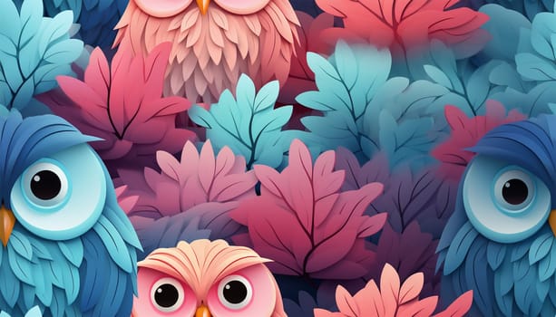 Cute owls seamless pattern. Funny forest background. Pastel bright colored illustration. Colorful