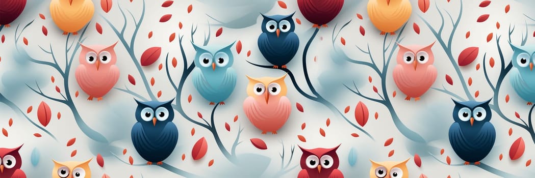 Cute owls seamless pattern. Funny forest background. Pastel bright colored illustration. Colorful