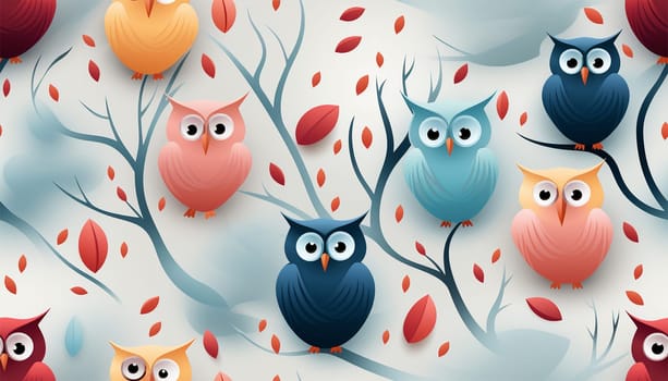 Cute owls seamless pattern. Funny forest background. Pastel bright colored illustration. Colorful