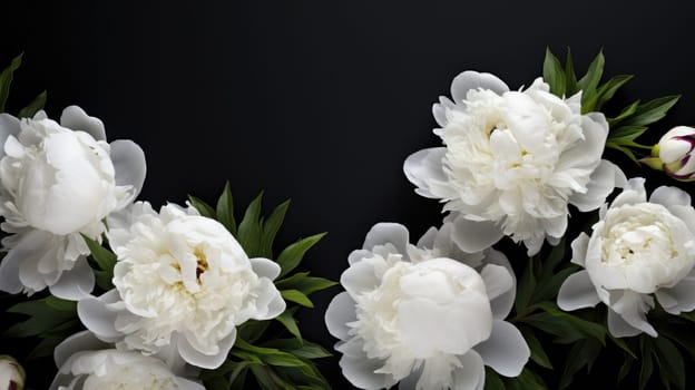 White peonies on a dark background. Minimalistic composition in a dark key. Top view AI