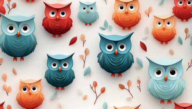 Cute owls seamless pattern. Funny forest background. Pastel bright colored illustration. Colorful