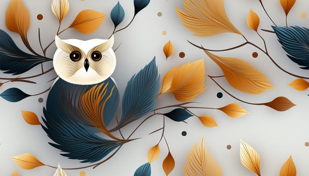 Cute owl pattern gold lines. Seamless pattern with tree branches and forest birds owls. illustration art. Natural design for textiles, paper, wallpapers. Print of gold foil. colorful