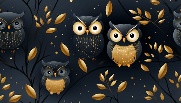 Cute owl pattern gold lines. Seamless pattern with tree branches and forest birds owls. illustration art. Natural design for textiles, paper, wallpapers. Print of gold foil. colorful