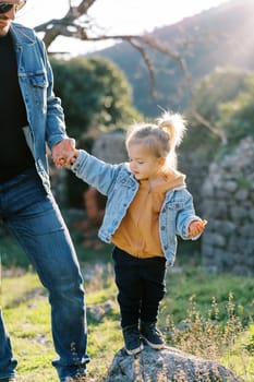 Little girl stands on a stone holding her dad hand on a green lawn. Cropped. High quality photo