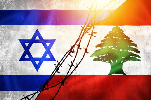 Grunge flags of Israel and Lebanon divided by barb wire sun haze illustration, concept of tense relations between Israel and Middle east states