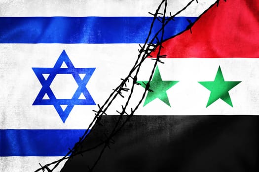Grunge flags of Israel and Syria divided by barb wire illustration, concept of tense relations between Israel and Middle east states