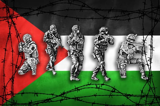 Grunge 3D illustration of Palestine flag girded by barb wire and military forces team, concept of Palestine 