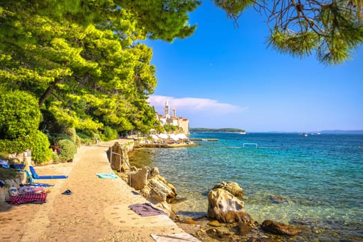 Historic town of Rab towers and beach walkway view, archipelago of Croatia, Dalmatia