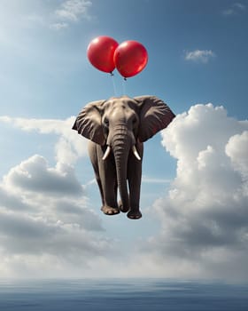 An elephant flies into the sky on colored balls. AI generated
