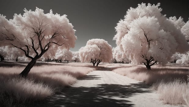 Long alley of romantic pink trees. AI generated