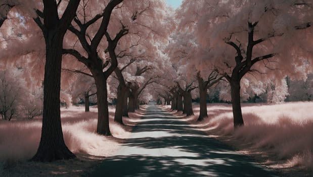 Long alley of romantic pink trees. AI generated