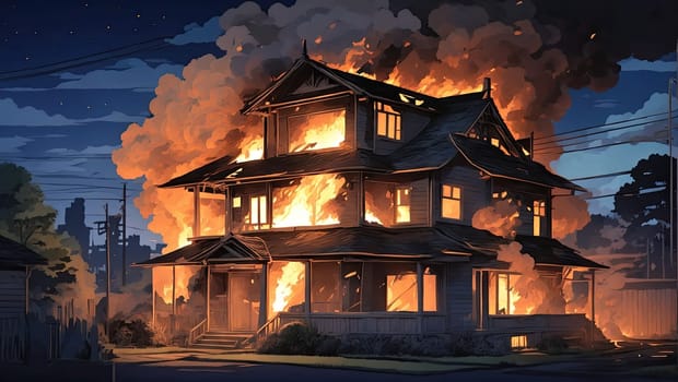 Painted burning house. AI generated