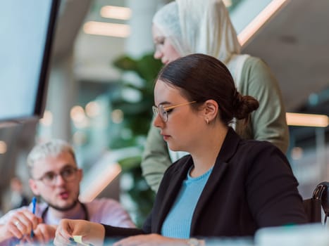 In a modern startup office, a diverse group of young professionals collaboratively tackles various business problems and challenges, surrounded by their engaged colleagues, fostering innovation and productivity.