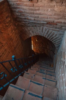 Upper part of the historical Red Tower - Kizil Kule, in Alanya Castle. The Red Tower is the symbol of the Alanya city, and the famous touristic place, Turkey (Turkiye).