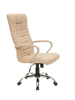 beige office leather armchair on wheels isolated on white background, side view. modern furniture, interior, home design