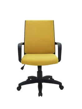 yellow office fabric armchair on wheels isolated on white background, front view. modern furniture, interior, home design