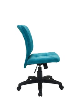 blue office fabric armchair on wheels isolated on white background, side view. modern furniture, interior, home design