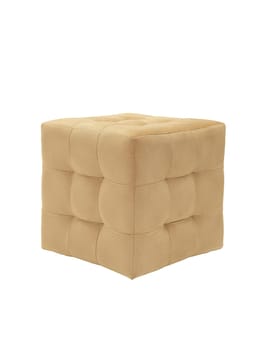 unusual modern beige cubic padded stool upholstered with soft fabric in strict style isolated on white background. creative approach to making furniture in shape of geometric figures