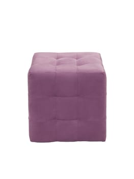 unusual modern purple cubic padded stool upholstered with soft fabric in strict style isolated on white background. creative approach to making furniture in shape of geometric figures
