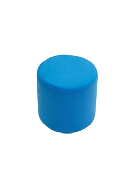 unusual modern blue cylindrical padded stool upholstered with soft fabric in strict style isolated on white background. Creative approach to making furniture in shape of cylinder