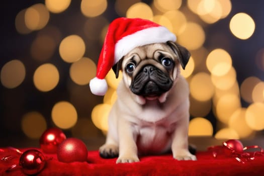 Adorable dog wearing Santa hats at room decorated for Christmas comeliness