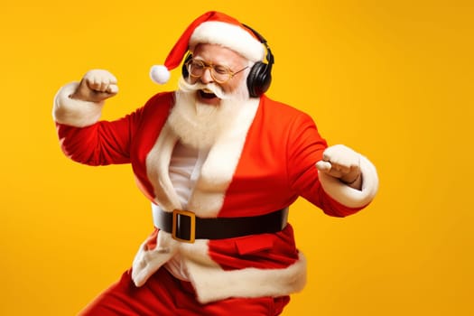 Happy jolly Santa Claus wearing headphones dancing on yellow background