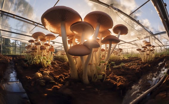 Wide angle Mushroom Greenhouse or Fruiting Chamber. Growing Medicinal and Edible Fungi, Mushroom Farm. Business Of Cultivation, Ai Generated. Horizontal High quality photo
