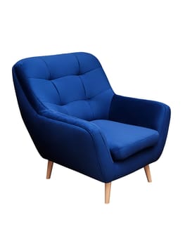 Modern blue fabric armchair with wooden legs isolated on white background, side view. furniture, interior, home design in minimal style