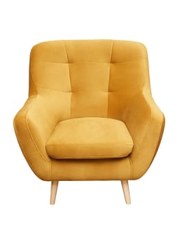 Modern yellow fabric armchair with wooden legs isolated on white background, front view. furniture, interior, home design in minimal style