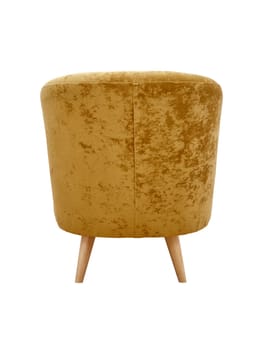 Modern yellow fabric armchair with wooden legs isolated on white background, back view. furniture, interior, home design in minimal style
