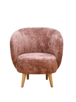 Modern pink fabric armchair with wooden legs isolated on white background, front view. furniture, interior, home design in minimal style