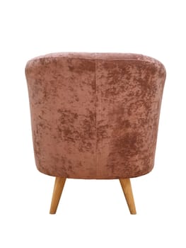 Modern pink fabric armchair with wooden legs isolated on white background, back view. furniture, interior, home design in minimal style