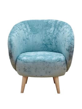Modern blue fabric armchair with wooden legs isolated on white background, front view. furniture, interior, home design in minimal style