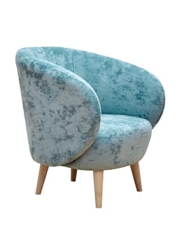 Modern blue fabric armchair with wooden legs isolated on white background, side view. furniture, interior, home design in minimal style