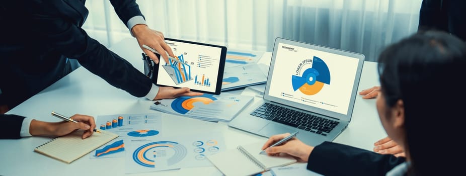 Business data dashboard analysis by computer software . Investment application display business sales and profit on the computer screen and advise marketing planning decision oratory .