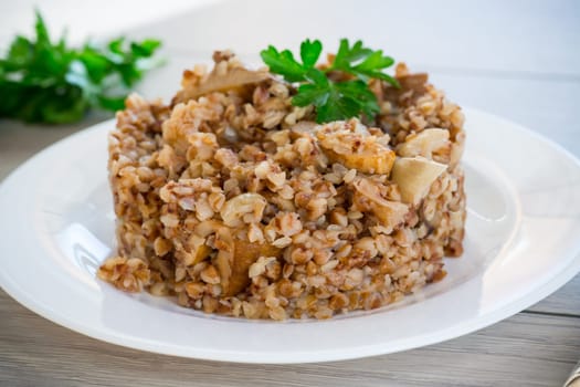 cooked buckwheat boiled with mushroom filling in a plate on a wooden table.