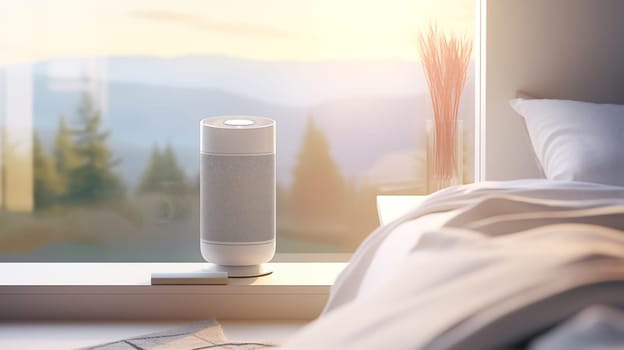 Air Purifier Or Cleaner Near Big Window In Bedroom, Blue Sky And Mountains On Background. Air Cleaner Removing Fine Dust In House To Prevent Allergy. Dust, Air Pollution Problem. Ai Generated.