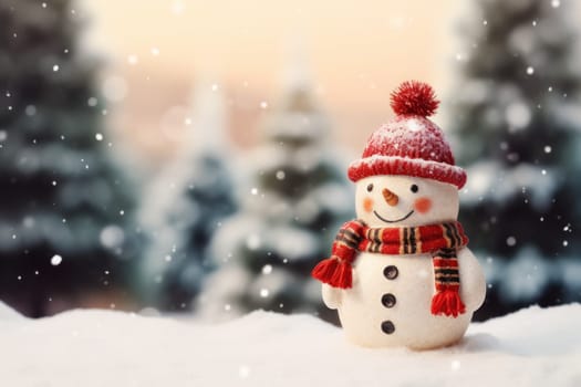 Cute little snowman in knitted hat and scarf standing outside on a winters day. Christmas card, copy space