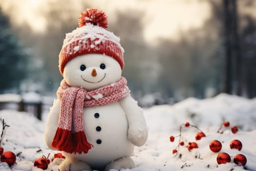 Cute little snowman in knitted hat and scarf standing outside on a winters day. Christmas card, copy space