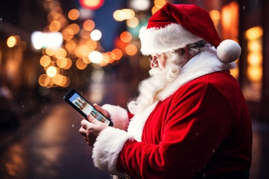 Santa Claus uses a smartphone to order gifts and use GPS to find addresses to wish him a Merry Christmas