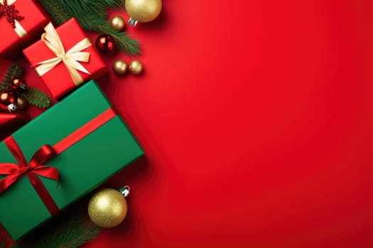 Christmas balls, presents, pine branches and cones on red background with copy space. Top view, flat lay