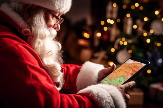 Santa Claus uses a tablet computer to order gifts and use GPS to find addresses to wish him a Merry Christmas