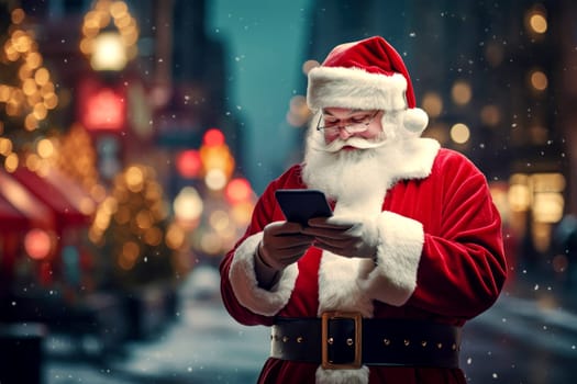 Santa Claus uses a smartphone to order gifts and use GPS to find addresses to wish him a Merry Christmas