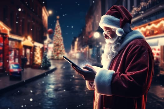 Santa Claus uses a smartphone to order gifts and use GPS to find addresses to wish him a Merry Christmas