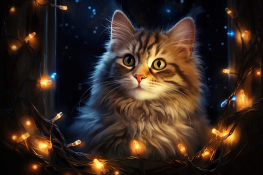 A cute cat poses against a Christmas background, adorned with twinkling lights and a festive tree