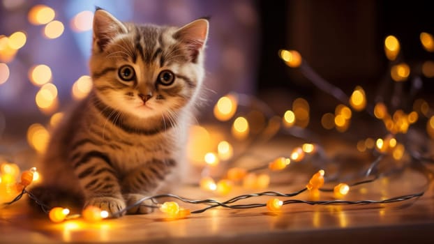 A cute kitten sits amidst a festive atmosphere, surrounded by the warm glow of garland light