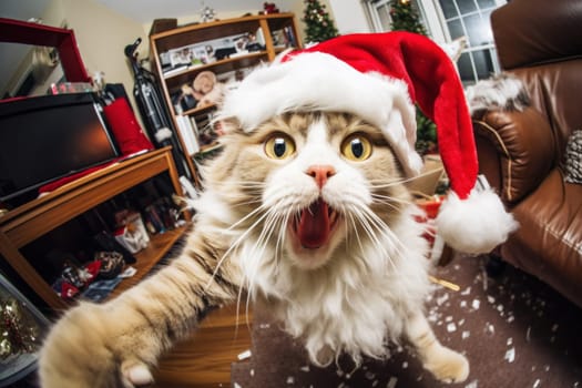 A mischievous cat in Santa hat left alone at home wreaks havoc in a room decorated for Christmas. A cat is having a merry Christmas