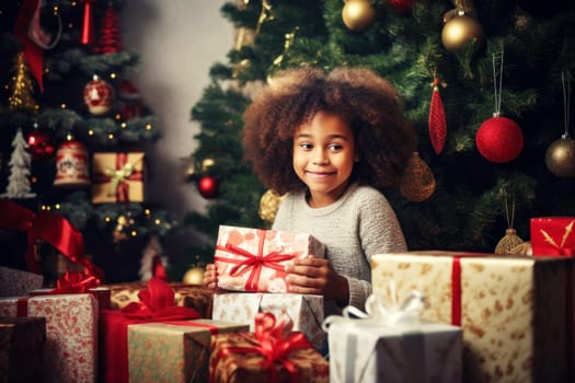 Happy little african american smiling girl with christmas gift boxes on floor near christmas tree.